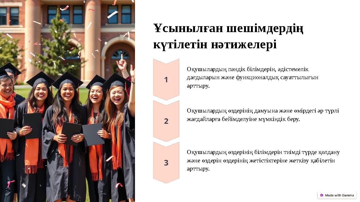 Ұсынылған шешімдердің күтілетін нәтижелері Оқушылардың пәндік білімдерін, әдістемелік дағдыларын және функционалдық сауаттылығ