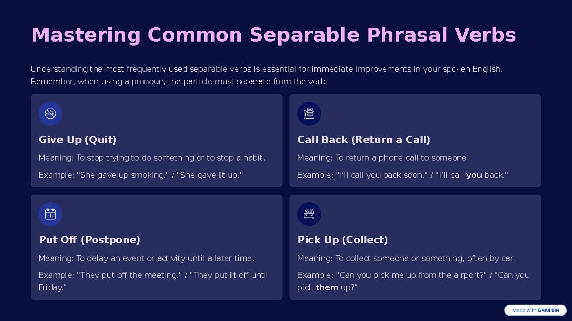 Mastering Common Separable Phrasal Verbs Understanding the most frequently used separable verbs is essential for immediate impro