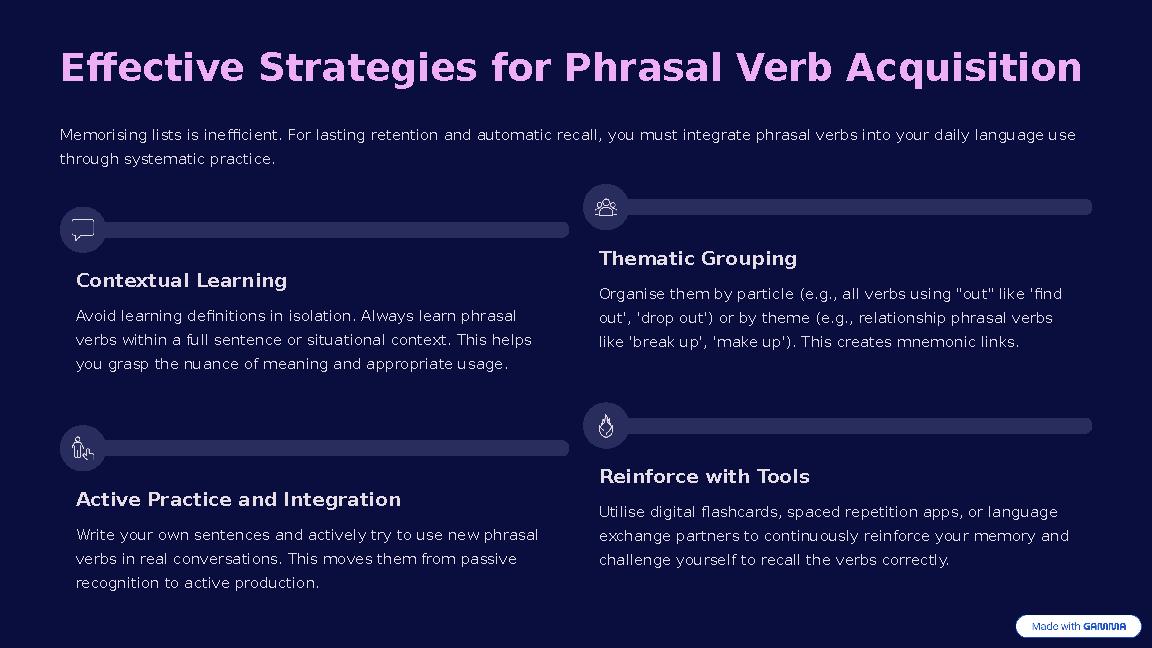 Effective Strategies for Phrasal Verb Acquisition Memorising lists is inefficient. For lasting retention and automatic recall, y