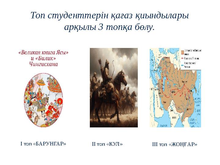 Топ студенттерін қағаз қиындылары арқылы 3 топқа бөлу. І топ «БАРУНГАР» ІІ топ «КУЛ» ІІІ топ «ЖОҢҒАР»