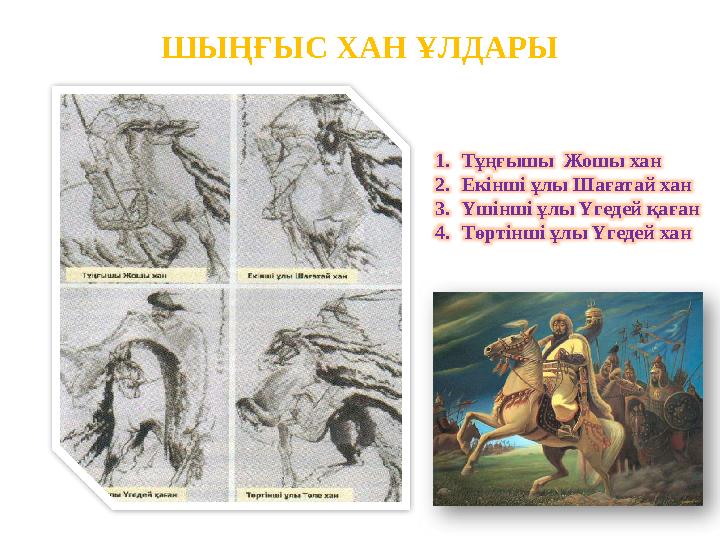 ШЫҢҒЫС ХАН ҰЛДАРЫ 1.Тұңғышы Жошы хан 2.Екінші ұлы Шағатай хан 3.Үшінші ұлы Үгедей қаған 4.Төртінші ұлы Үгедей хан