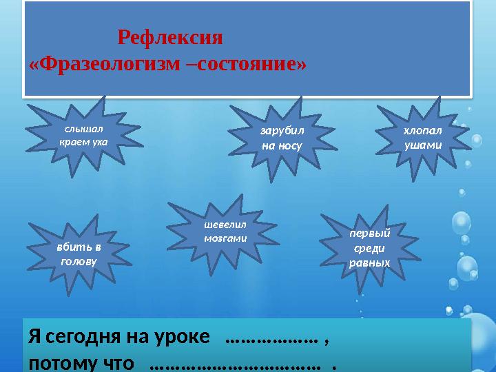 Рефлексия «Фразеологизм –состояние» слышал краем уха вбить в голову первый среди равных зарубил на носу хл