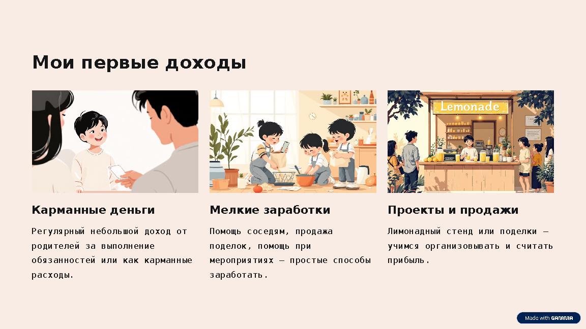 Мои первые доходы Карманные деньги Регулярный небольшой доход от родителей за выполнение обязанностей или как карманные расхо