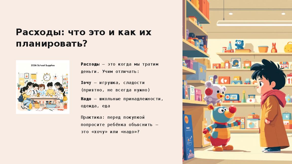 Расходы: что это и как их планировать? Расходы — это когда мы тратим деньги. Учим отличать: Хочу — игрушка, сладости (приятно