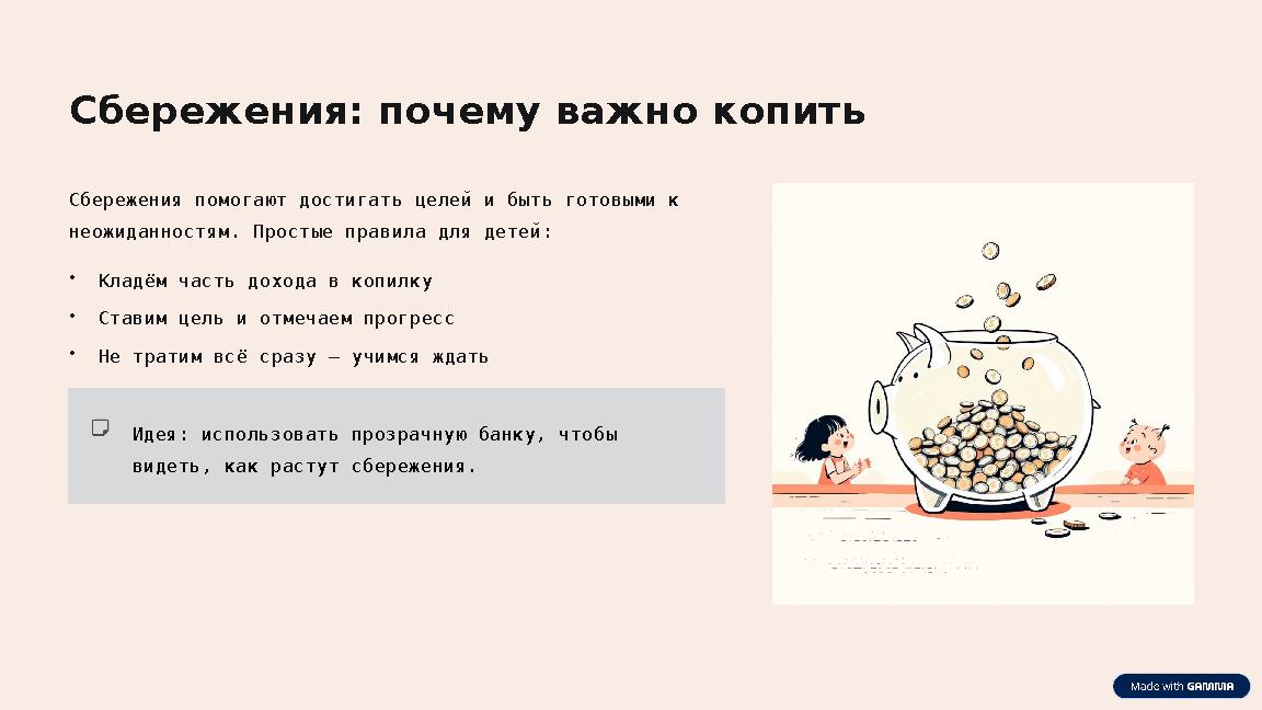 Сбережения: почему важно копить Сбережения помогают достигать целей и быть готовыми к неожиданностям. Простые правила для детей