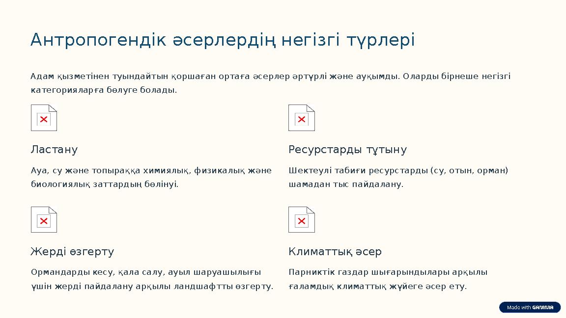 Антропогендік әсерлердің негізгі түрлері Адам қызметінен туындайтын қоршаған ортаға әсерлер әртүрлі және ауқымды. Оларды бірнеше