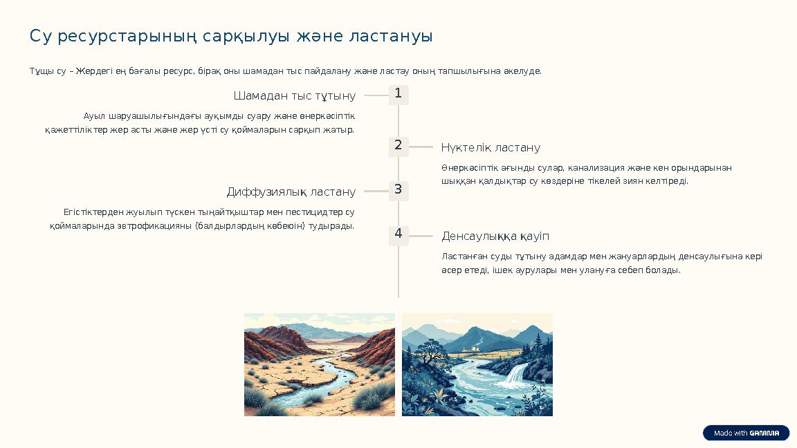 Су ресурстарының сарқылуы және ластануы Тұщы су – Жердегі ең бағалы ресурс, бірақ оны шамадан тыс пайдалану және ластау оның тап