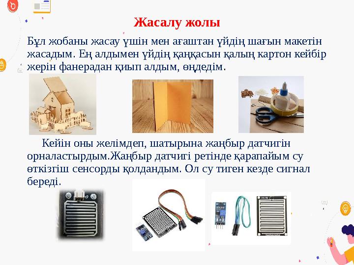 Жасалу жолы Бұл жобаны жасау үшін мен ағаштан үйдің шағын макетін жасадым. Ең алдымен үйдің қаңқасын қалың картон кейбір жерін