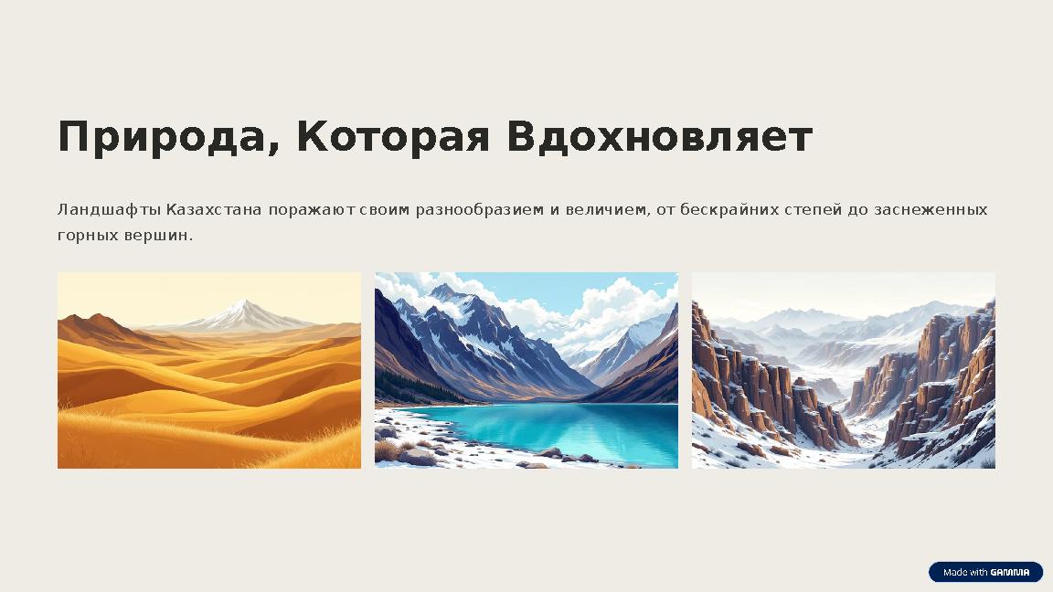 Природа, Которая Вдохновляет Ландшафты Казахстана поражают своим разнообразием и величием, от бескрайних степей до заснеженных