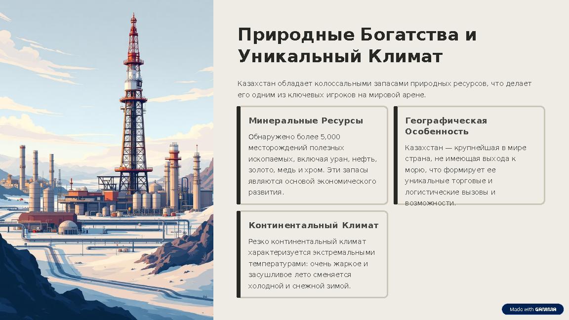Природные Богатства и Уникальный Климат Казахстан обладает колоссальными запасами природных ресурсов, что делает его одним из