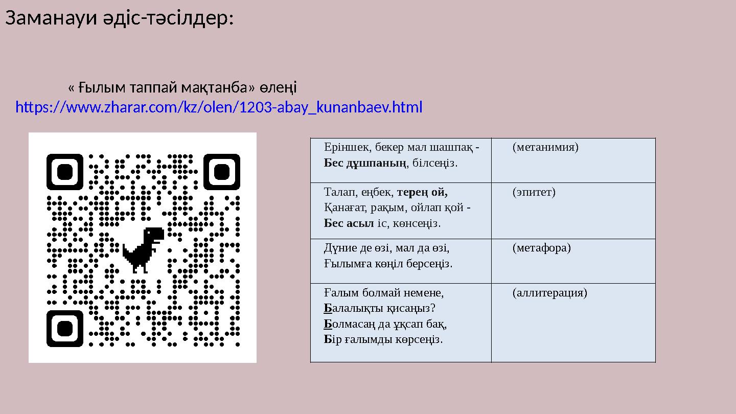 Заманауи әдіс-тәсілдер: « Ғылым таппай мақтанба» өлеңі https://www.zharar.com/kz/olen/1203-abay_kunanbaev.html Ер
