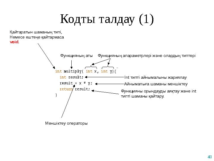 40 Кодты талдау (1) Функцияның аты Қайтаратын шаманың типі, Немесе ештеңе қайтармаса void. Функцияның апараметрлері және оларды