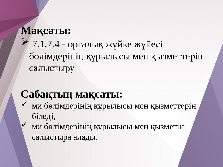 Мақсаты:  7.1.7.4 - орталық жүйке жүйесі бөлімдерінің құрылысы мен қызметтерін салыстыру Сабақтың мақсаты: ми бөлімдерін