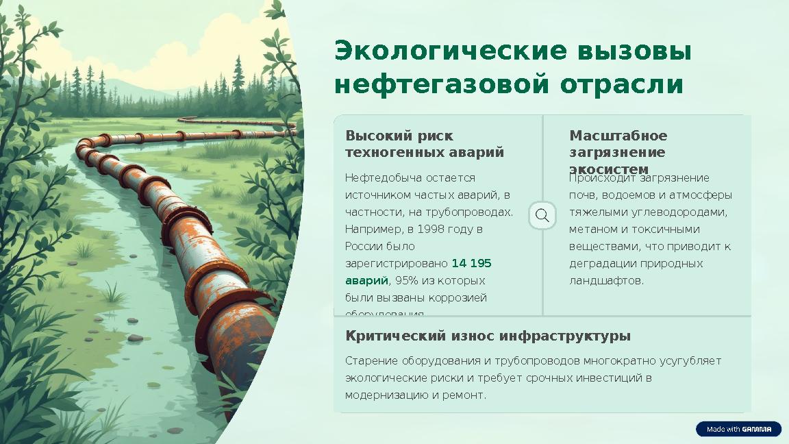 Экологические вызовы нефтегазовой отрасли Высокий риск техногенных аварий Нефтедобыча остается источником частых аварий, в