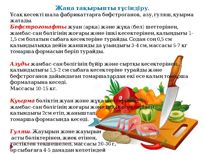 . Жаңатақырыптытүсіндіру , , , Ұсақкесектішалафабрикаттарғабефстроганов азу гуляш қуырма . жатады Бефстрогонафты ( ) (