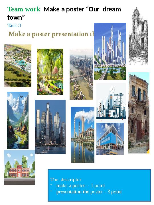 Team work Make a poster “Our dream town” Task 3 Make a poster presentation the poste The descriptor -make a poster - 1 poi