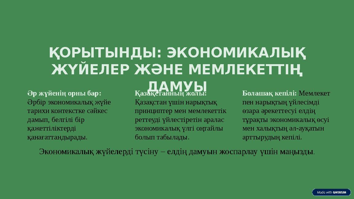 ҚОРЫТЫНДЫ: ЭКОНОМИКАЛЫҚ ЖҮЙЕЛЕР ЖӘНЕ МЕМЛЕКЕТТІҢ ДАМУЫ Әр жүйенің орны бар: Әрбір экономикалық жүйе тарихи контекстке сәйкес