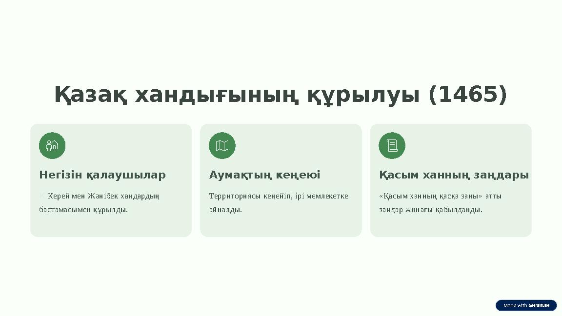 Қазақ хандығының құрылуы (1465) Негізін қалаушылар К Керей мен Жәнібек хандардың бастамасымен құрылды. Аумақтың кеңеюі Тер
