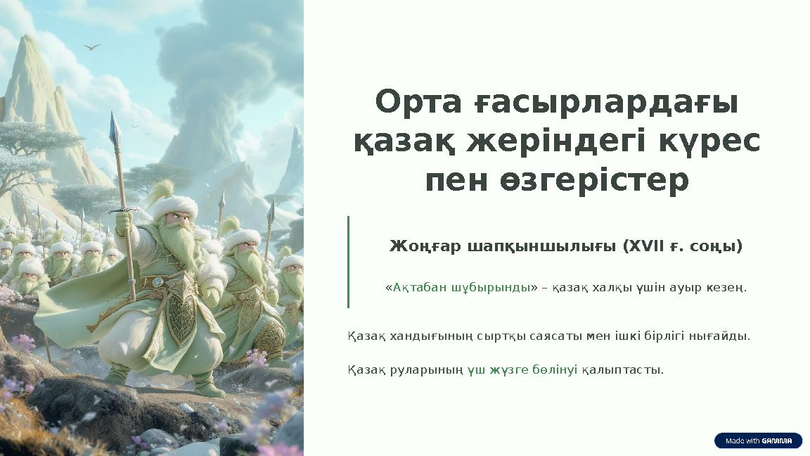 Орта ғасырлардағы қазақ жеріндегі күрес пен өзгерістер Жоңғар шапқыншылығы (XVII ғ. соңы) «Ақтабан шұбырынды » – қазақ халқы ү