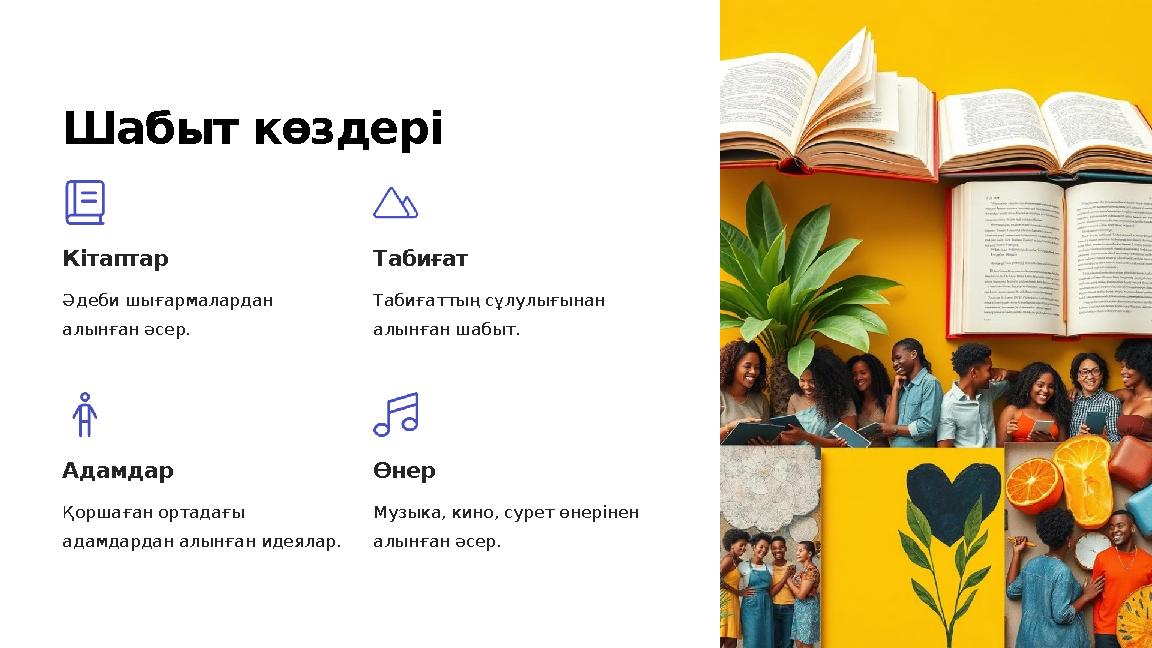Шабыт көздері Кітаптар Әдеби шығармалардан алынған әсер. Табиғат Табиғаттың сұлулығынан алынған шабыт. Адамдар Қоршаған ортада