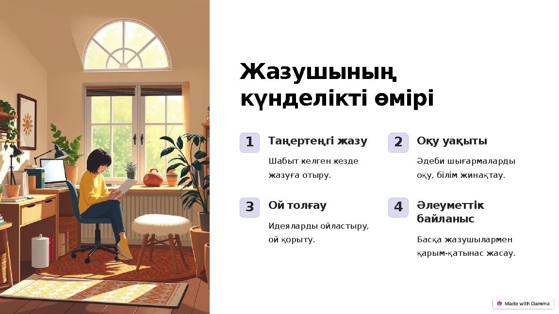 Жазушының күнделікті өмірі 1Таңертеңгі жазу Шабыт келген кезде жазуға отыру. 2Оқу уақыты Әдеби шығармаларды оқу, білім жинақт