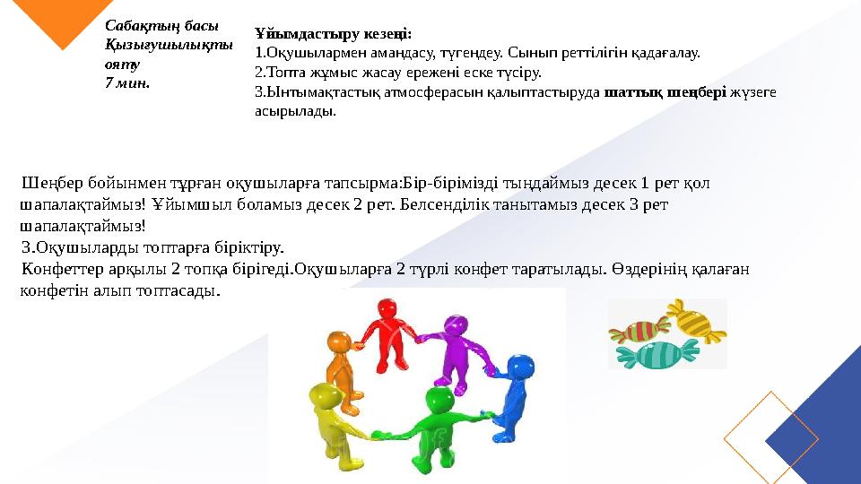 Сабақтың басы Қызығушылықты ояту 7 мин. Ұйымдастыру кезеңі: 1.Оқушылармен амандасу, түгендеу. Сынып реттілігін қадағалау. 2.То