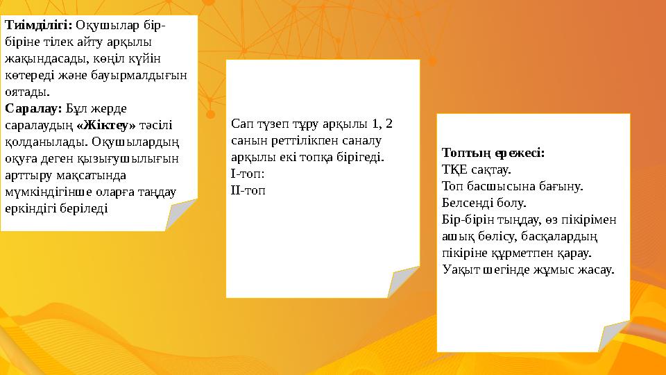 Тиімділігі: Оқушылар бір- біріне тілек айту арқылы жақындасады, көңіл күйін көтереді және бауырмалдығын оятады. Саралау: Бұл