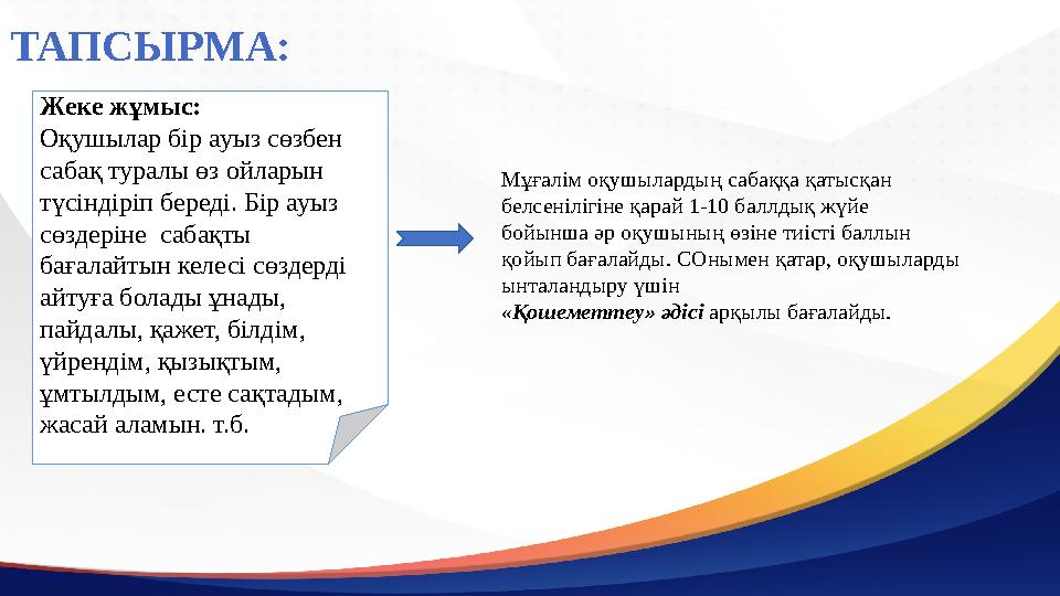 ТАПСЫРМА: Жеке жұмыс: Оқушылар бір ауыз сөзбен сабақ туралы өз ойларын түсіндіріп береді. Бір ауыз сөздеріне сабақты бағала