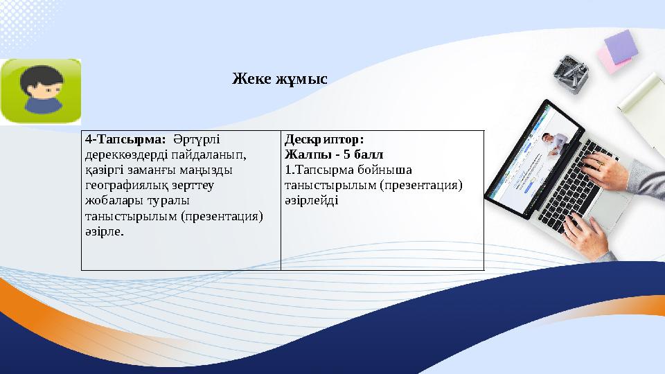Жеке жұмыс 4-Тапсырма: Әртүрлі дереккөздерді пайдаланып, қазіргі заманғы маңызды географиялық зерттеу жобалары туралы таныс