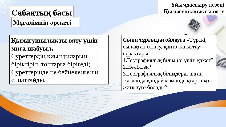 Сабақтың басы Мұғалімнің әрекеті Қызығушылықты ояту үшін миға шабуыл. Суреттердің қиындыларын біріктіріп, топтарға бірігеді; С