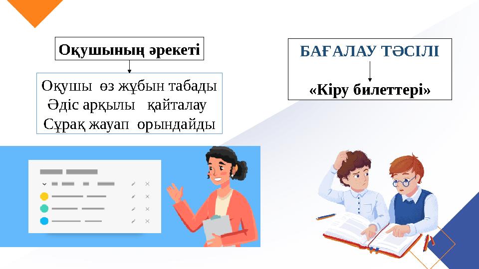 Оқушының әрекеті Оқушы өз жұбын табады Әдіс арқылы қайталау Сұрақ жауап орындайды БАҒАЛАУ ТӘСІЛІ «Кіру билеттері»