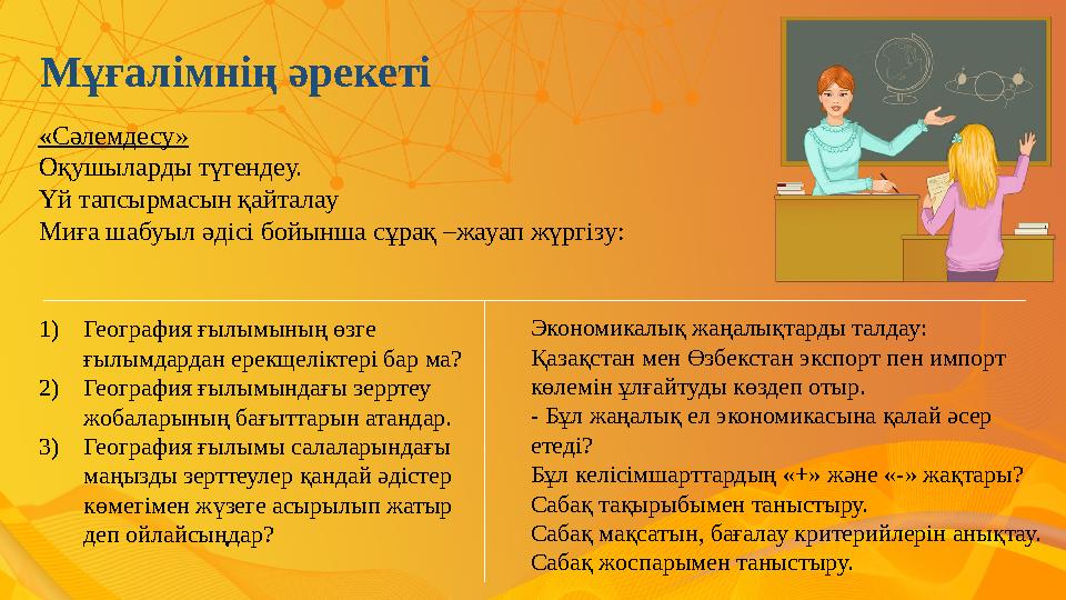 Мұғалімнің әрекеті «Сәлемдесу» Оқушыларды түгендеу. Үй тапсырмасын қайталау Миға шабуыл әдісі бойынша сұрақ –жауап жүргізу: 1)Г