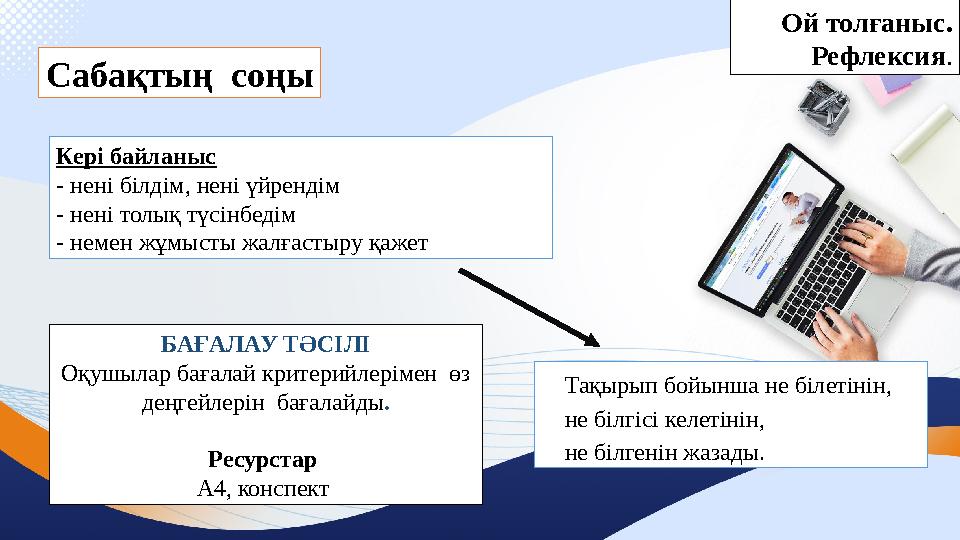 Сабақтың соңы Ой толғаныс. Рефлексия. Кері байланыс - нені білдім, нені үйрендім - нені толық түсінбедім - немен жұмысты жалға