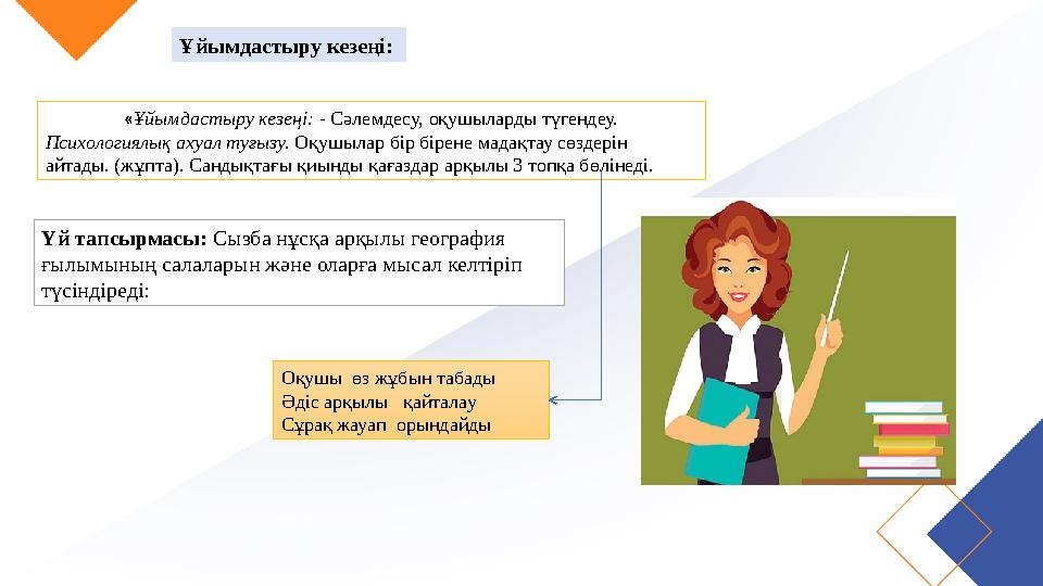 «Ұйымдастыру кезеңі: - Сәлемдесу, оқушыларды түгендеу. Психологиялық ахуал туғызу. Оқушылар бір бірене мадақтау сөздерін айтады