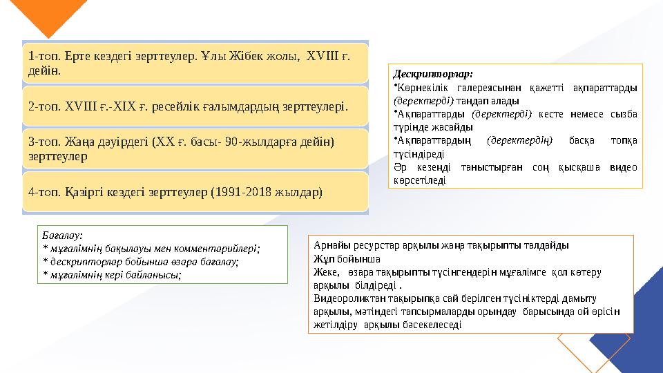 1-топ. Ерте кездегі зерттеулер. Ұлы Жібек жолы, ХVІІІ ғ. дейін. 2-топ. ХVІІІ ғ.-ХІХ ғ. ресейлік ғалымдардың зерттеулері. 3-топ