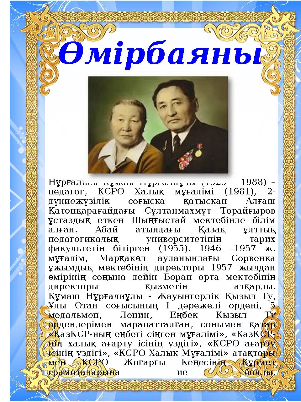 Нұрғалиев Құмаш Нұрғалиұлы (1925 – 1988) – педагог, КСРО Халық мұғалімі (1981), 2- дүниежүзілік соғысқа қатысқан Алғаш Қатонқа