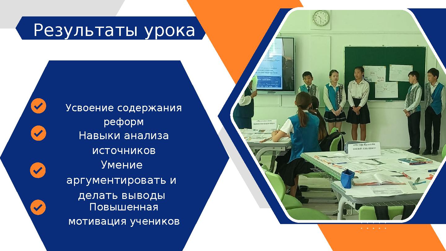 Результаты урока Усвоение содержания реформ Навыки анализа источников Умение аргументировать и делать выводы Повышенная мо