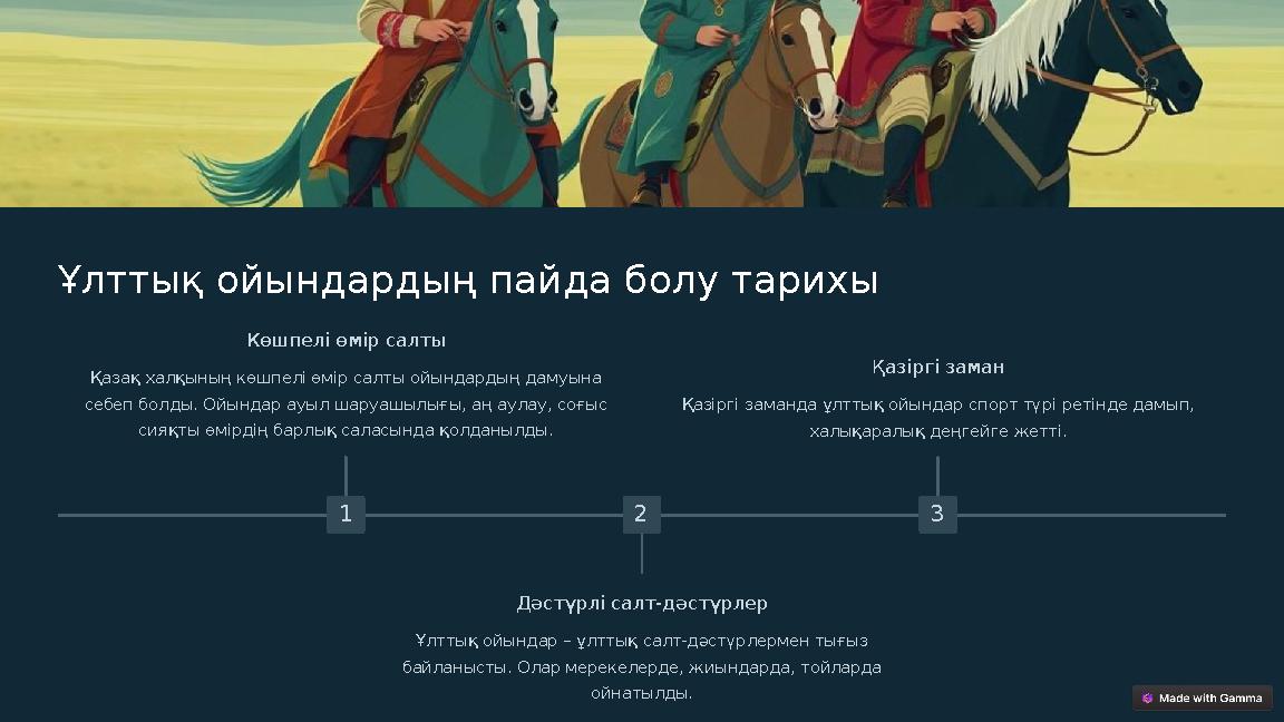 Ұлттық ойындардың пайда болу тарихы 1 Көшпелі өмір салты Қазақ халқының көшпелі өмір салты ойындардың дамуына себеп болды. Ойын