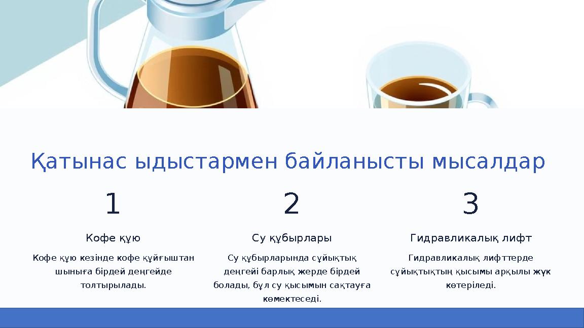 Қатынас ыдыстармен байланысты мысалдар 1 Кофе құю Кофе құю кезінде кофе құйғыштан шыныға бірдей деңгейде толтырылады. 2 Су құб