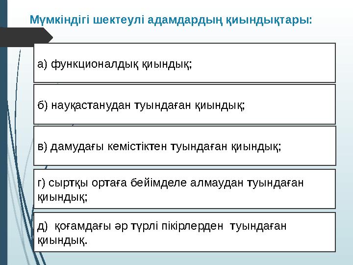 Мүмкіндігі шектеулі адамдардың қиындықтары: а) функционалдық қиындық; б) науқастанудан туындаған қиындық; в)