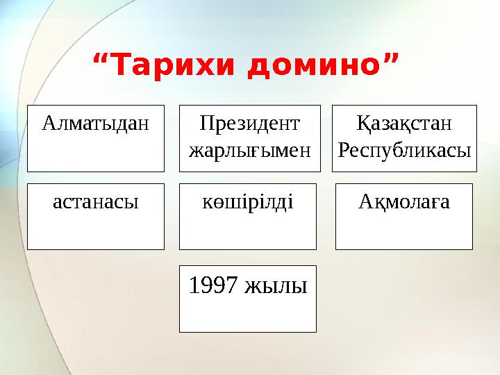 Алматыдан астанасы көшірілді Ақмолаға Қазақстан Республикасы Президент жарлығымен “Тарихи домино” 1997 жылы