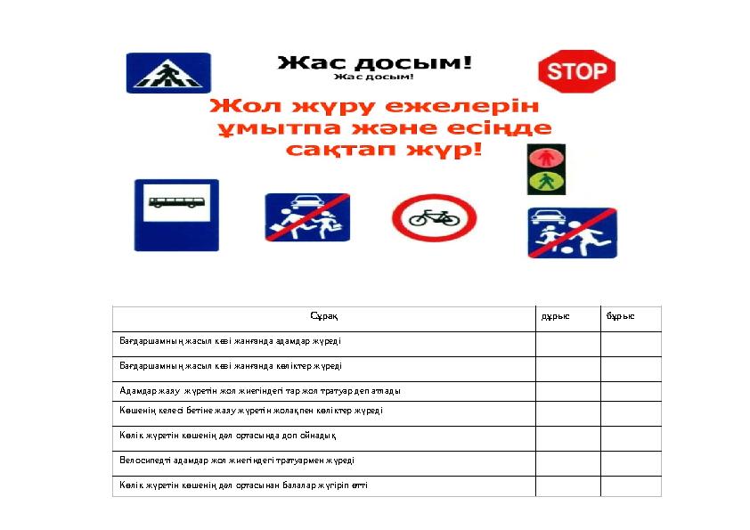 Сұрақ дұрыс бұрыс Бағдаршамның жасыл көзі жанғанда адамдар жүреді Бағдаршамның жасыл көзі жанғанда көліктер жүреді Адамдар жая