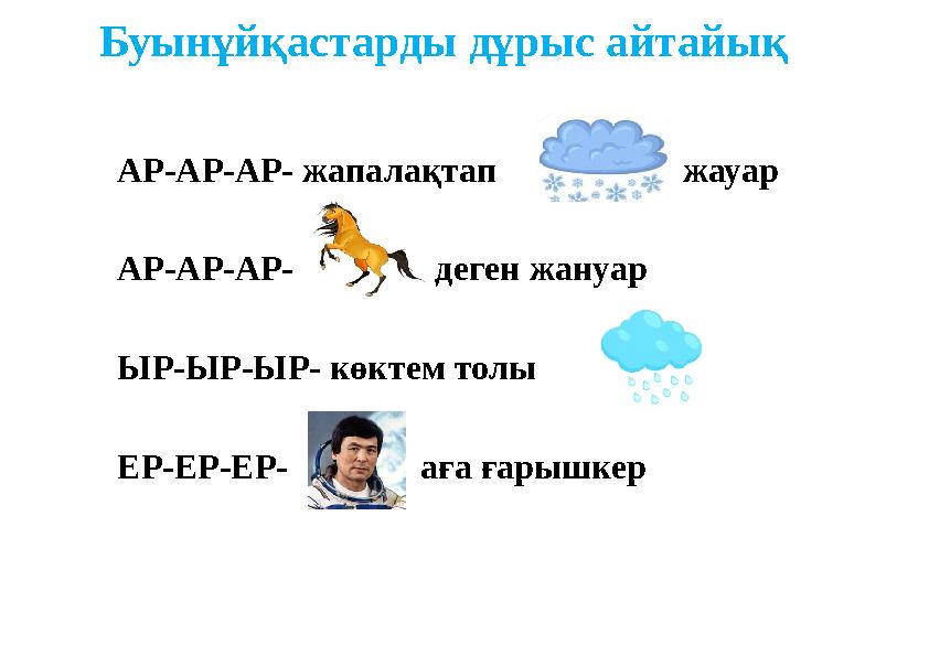 Буынұйқастарды дұрыс айтайық АР-АР-АР- жапалақтап жауар АР-АР-АР- деген жануар ЫР-ЫР-ЫР- к