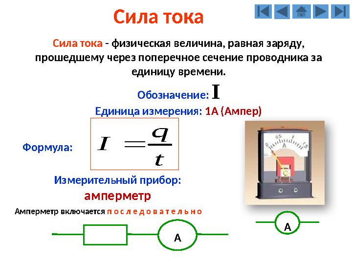 Сила тока Сила тока - физическая величина, равная заряду, прошедшему через поперечное сечение проводника за единицу времени.