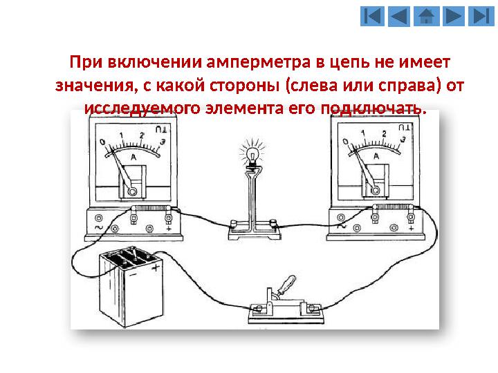При включении амперметра в цепь не имеет значения, с какой стороны (слева или справа) от исследуемого элемента его подключать