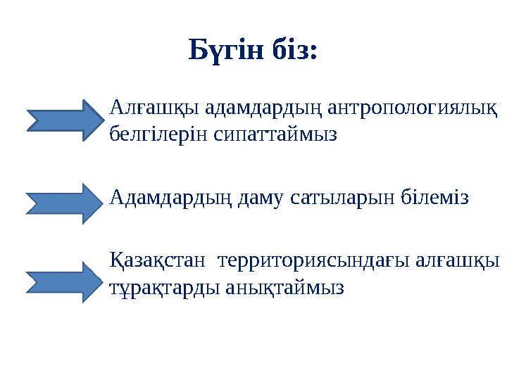 Бүгін біз: Алғашқы адамдардың антропологиялық белгілерін сипаттаймыз Адамдардың даму сатыларын білеміз Қазақстан территориясын