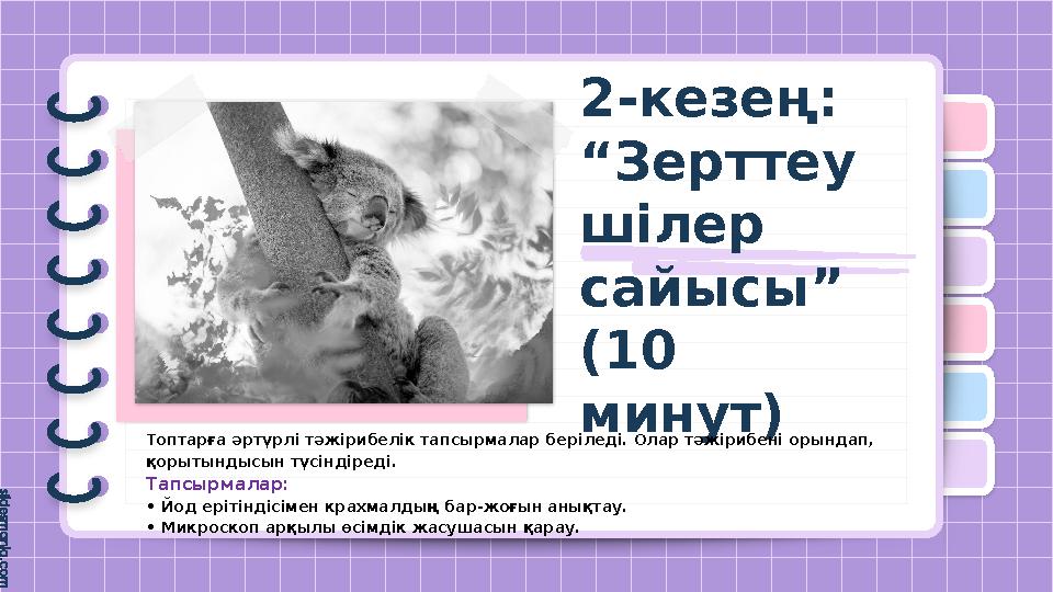 2-кезең: “Зерттеу шілер сайысы” (10 минут) Топтарға әртүрлі тәжірибелік тапсырмалар беріледі. Олар тәжірибен