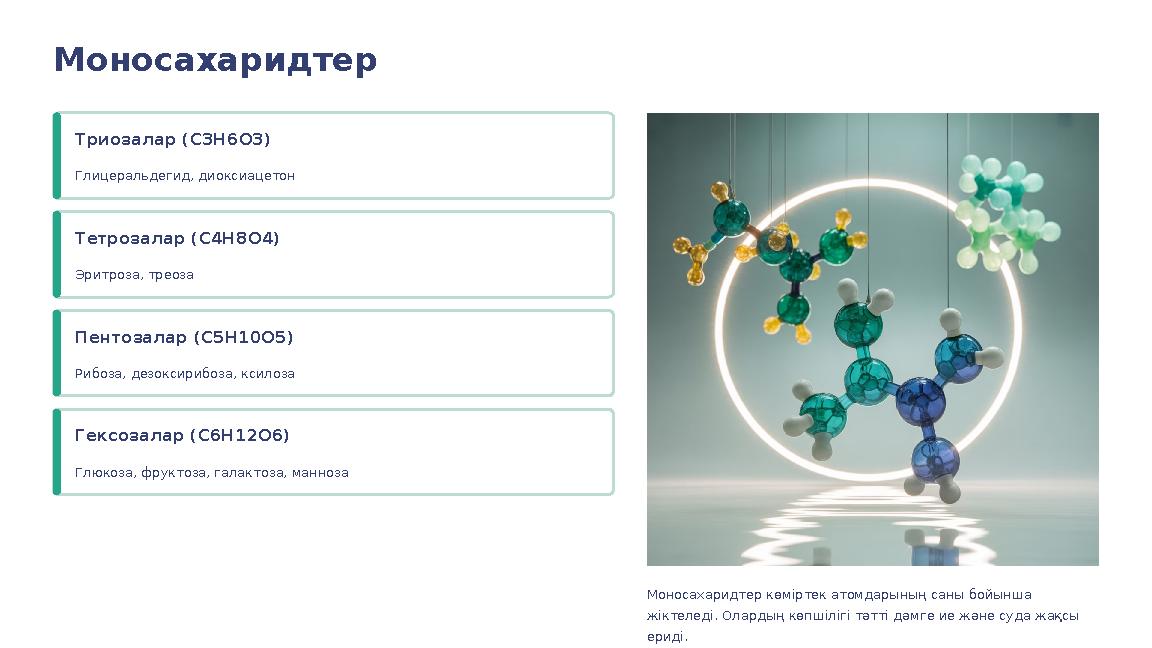 Моносахаридтер Триозалар (C3H6O3) Глицеральдегид, диоксиацетон Тетрозалар (C4H8O4) Эритроза, треоза Пентозалар (C5H10O5) Рибоза,