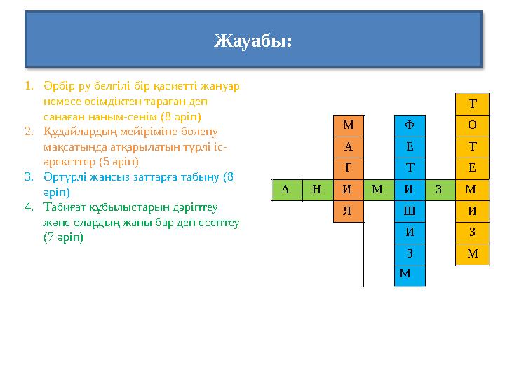 Жауабы: 1.Әрбір ру белгілі бір қасиетті жануар немесе өсімдіктен тараған деп санаған наным-сенім (8 әріп) 2.Құдайлардың мейір
