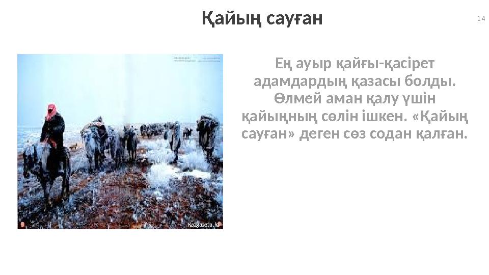 14 Ең ауыр қайғы-қасірет адамдардың қазасы болды. Өлмей аман қалу үшін қайыңның сөлін ішкен. «Қайың сауған» деген сөз содан